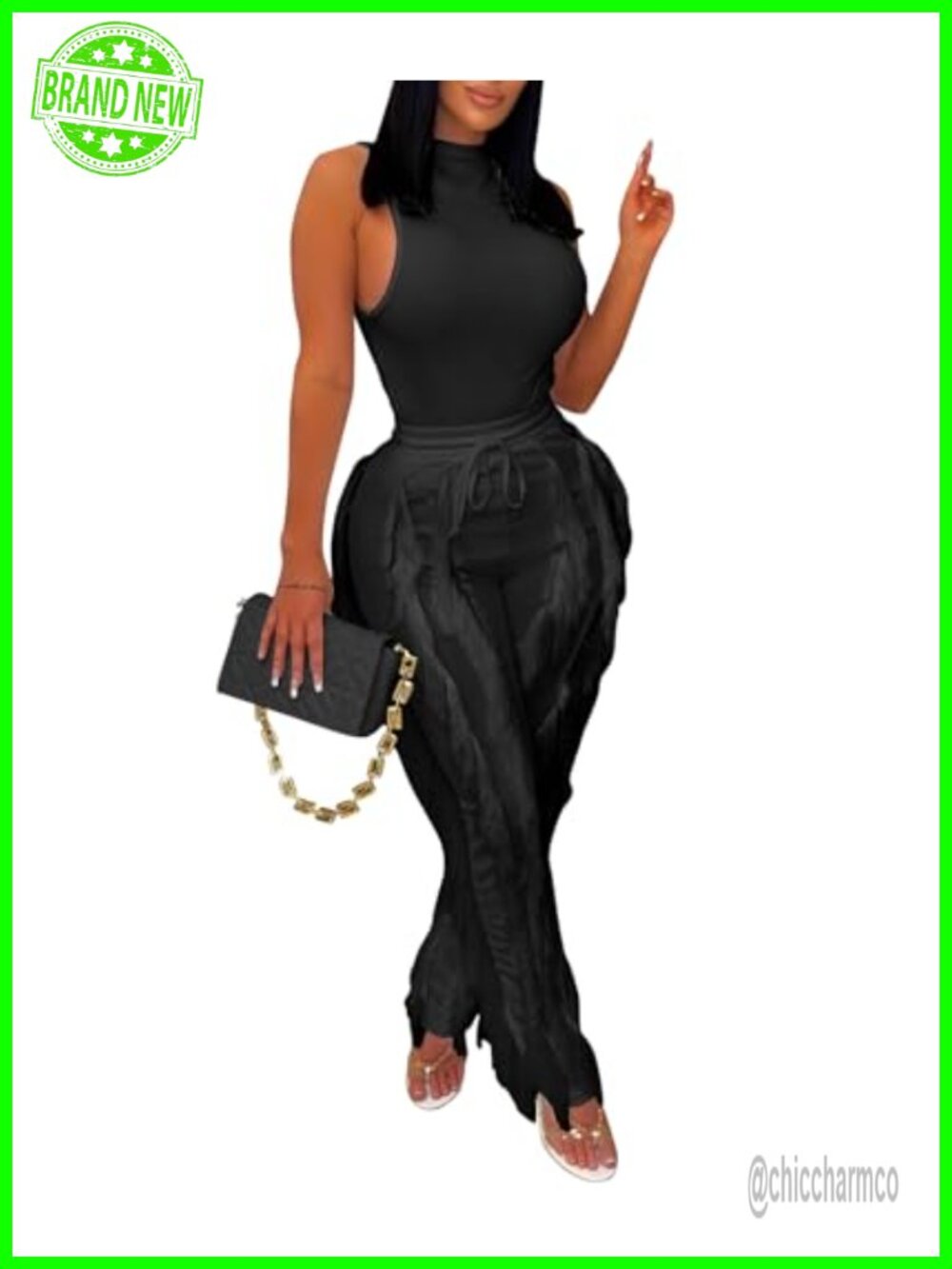 Sleeveless Top Fringe Pants Set Drawstring Waist Polyester Spandex Club